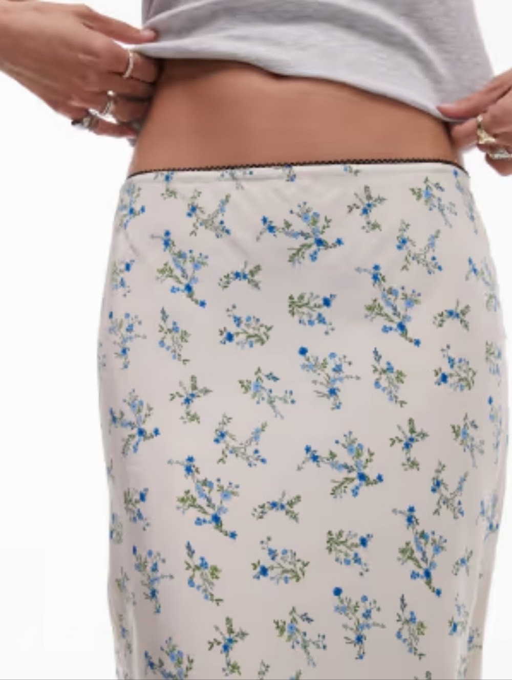 Cream Floral Pencil Skirt with Blue & Green Print Black Lace Size 2 Topshop